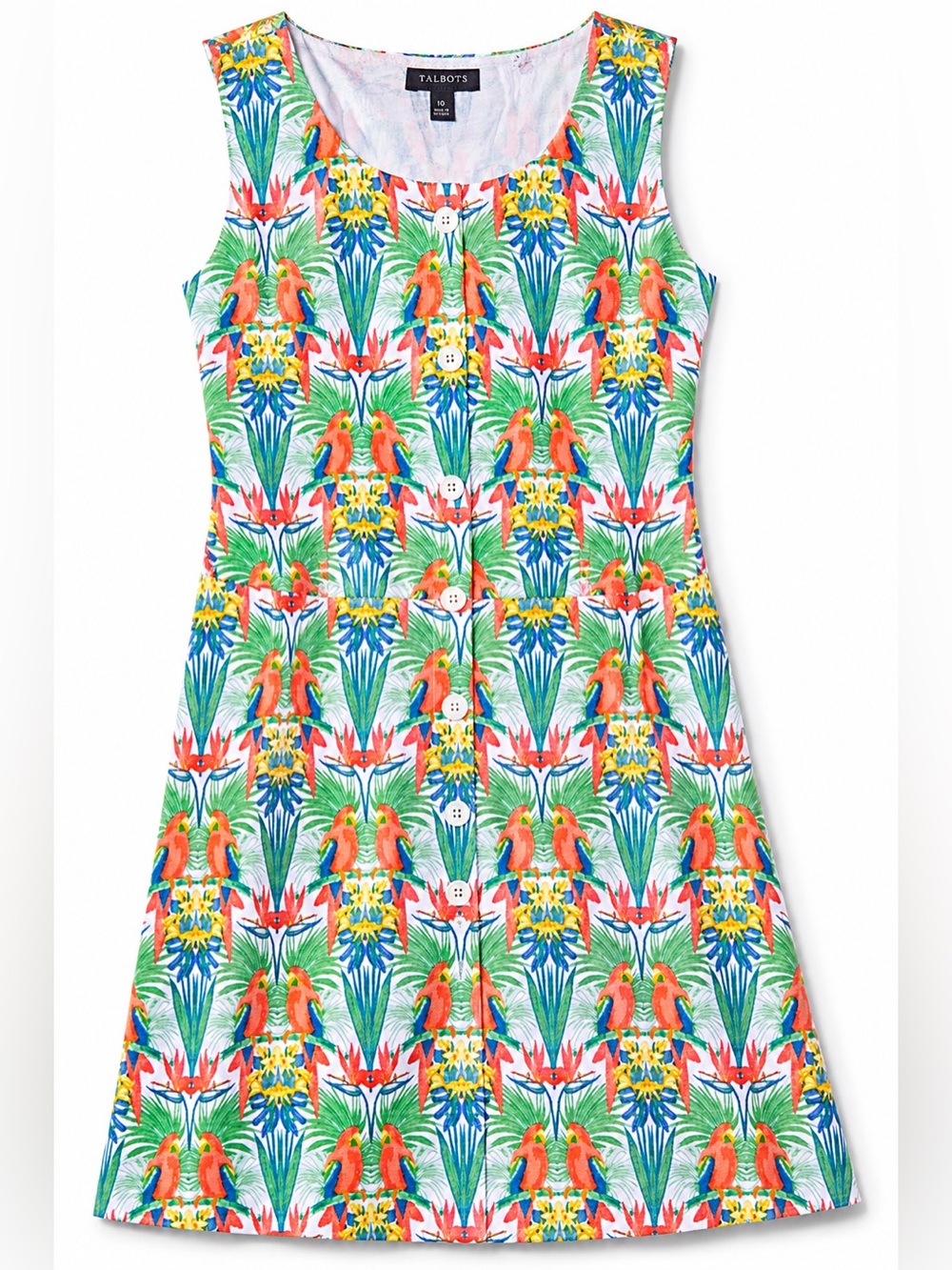 Talbots Tropical Parrot Print Button Front Dress Resort Coastal‎ Cotton Sz 10